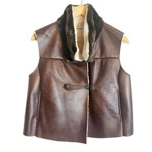 Jennifer Lopez Brown Faux Leather Faux Fur Sherpa Lined Sleeveless Crop Vest M